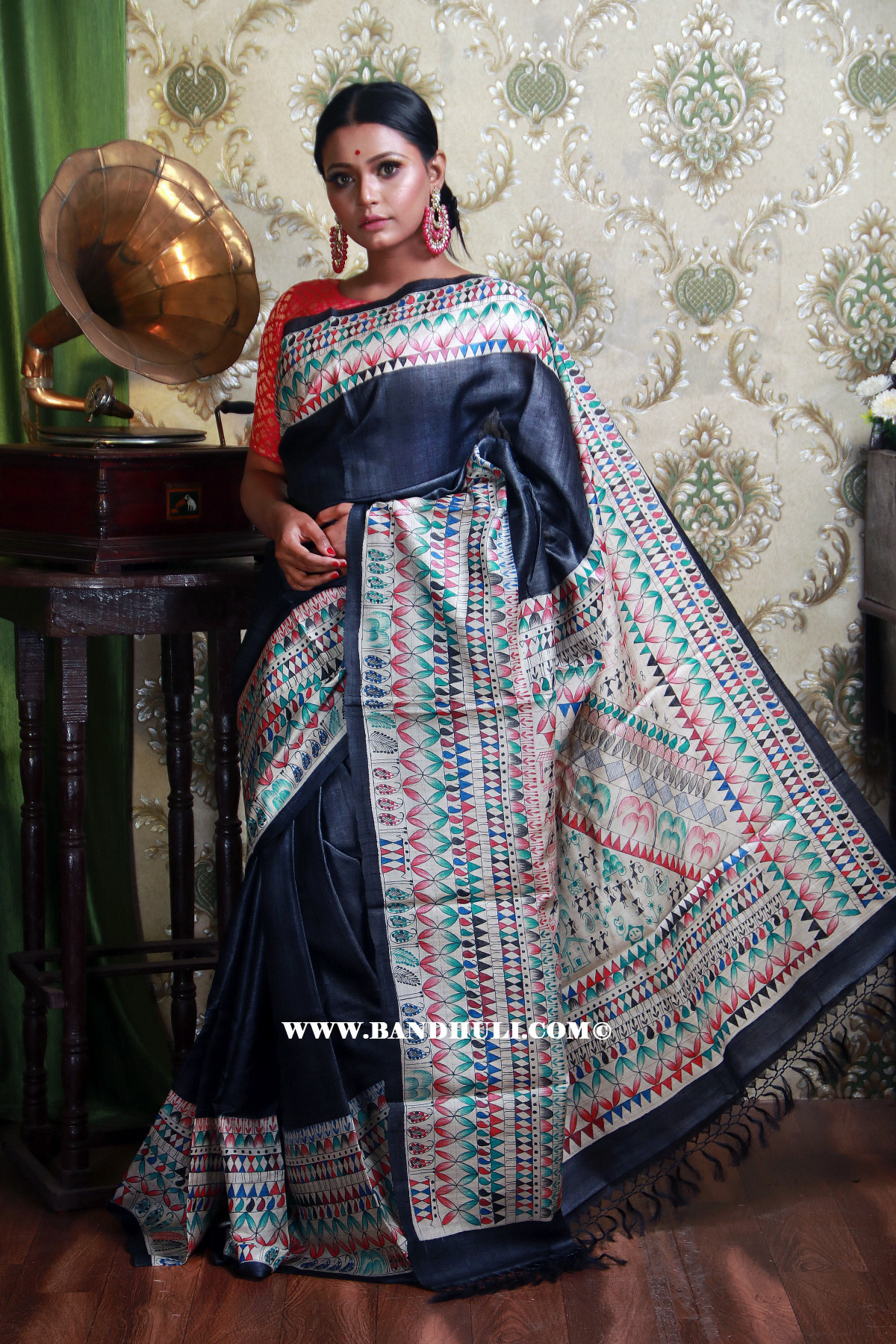 Black Madhubani Hand Painted Tussar Saree